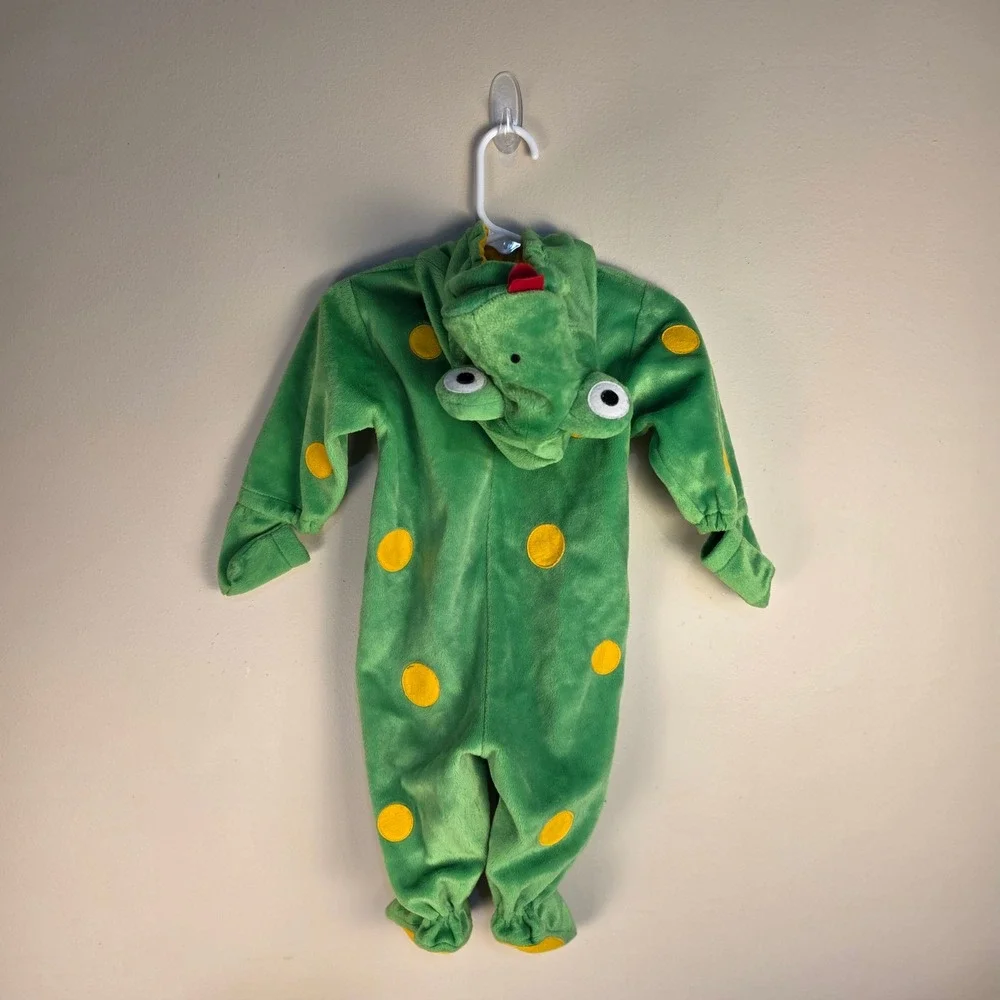 First Moments Frog Costume Baby 6/9M Green‎ Yellow Spotted Plush Hooded Zip Up